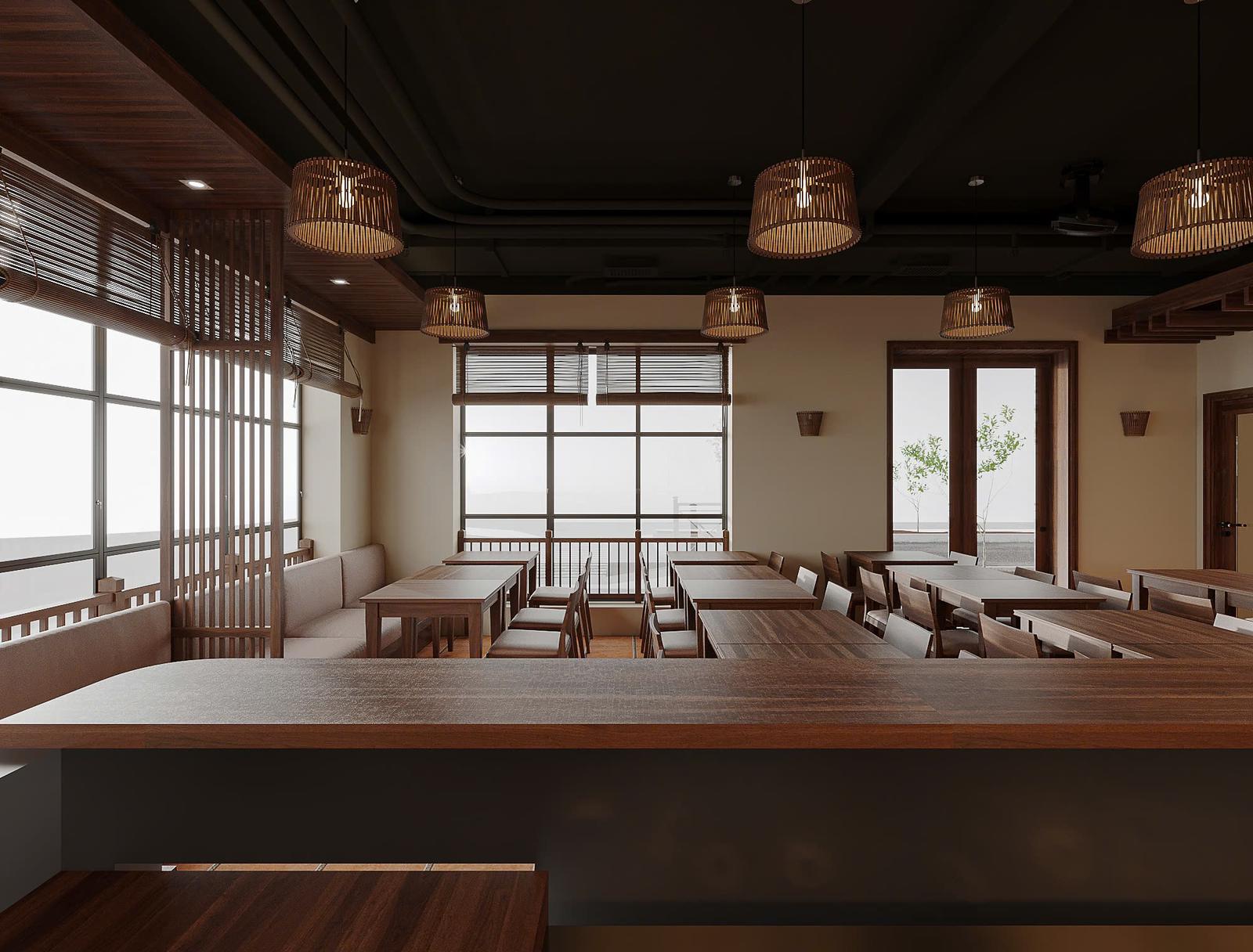 Warm restaurant interior with wood tables